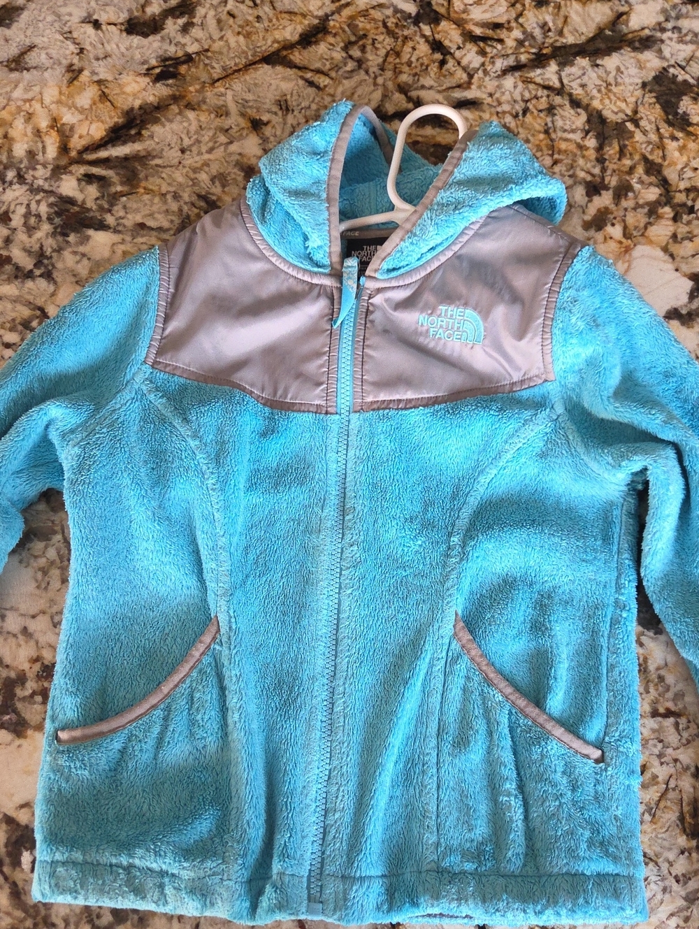 The North Face Aqua Blue Fleece Zip Hoodie with Gray Accents